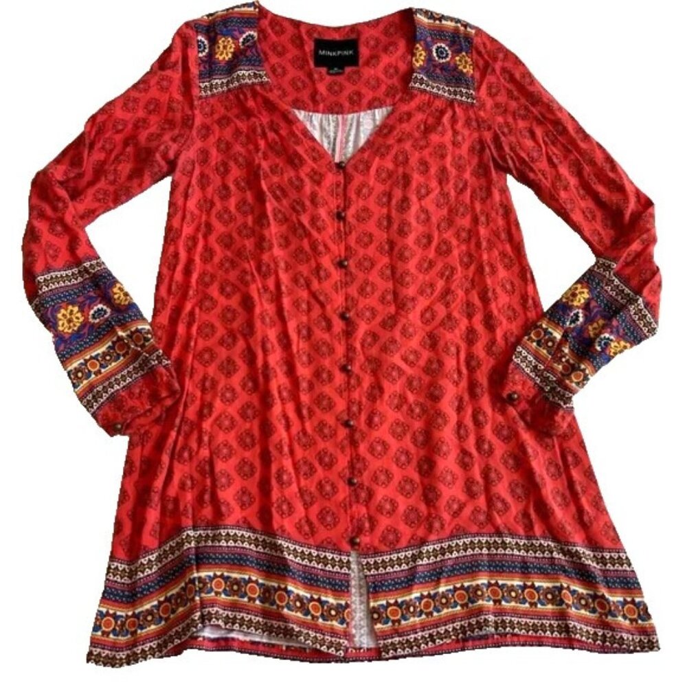 MinkPink Boho Queen Mini Dress Orange Multicolor Long Sleeve Button Front Sz XS
